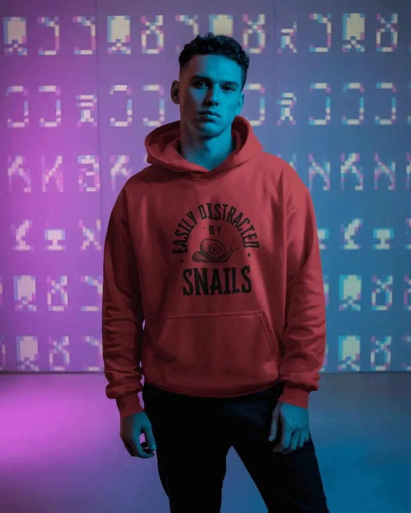 Hoodie Mockup Male Model Under Blue And Pink Lights With Futuristic Wall Display 0781