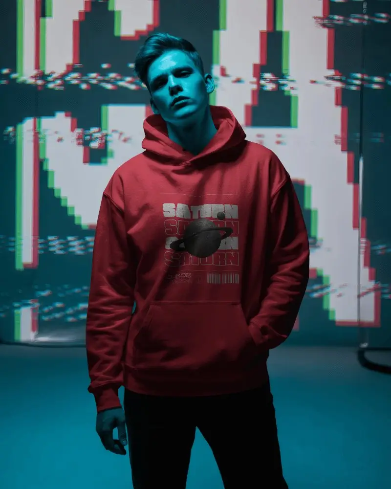 Glitch Effect Hoodie Mockup Male Model With Color Distortion And Retro Digital Background 0782
