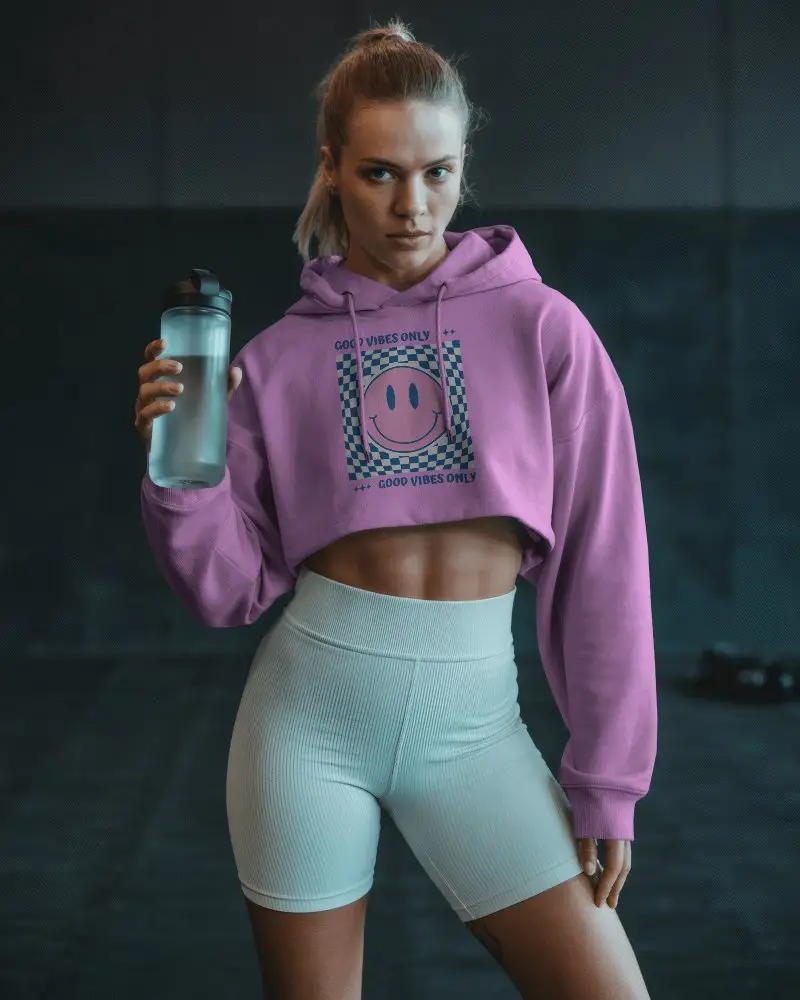 Sporty Fitness Hoodie Mockup Female Athlete In Gymwear Holding Water Bottle In Dark Studio 0784