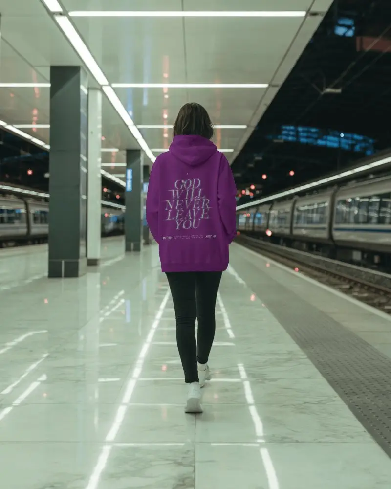 Hoodie Mockup On Woman Walking In Subway Terminal With Bright Lights And Minimalist Urban Look 0786