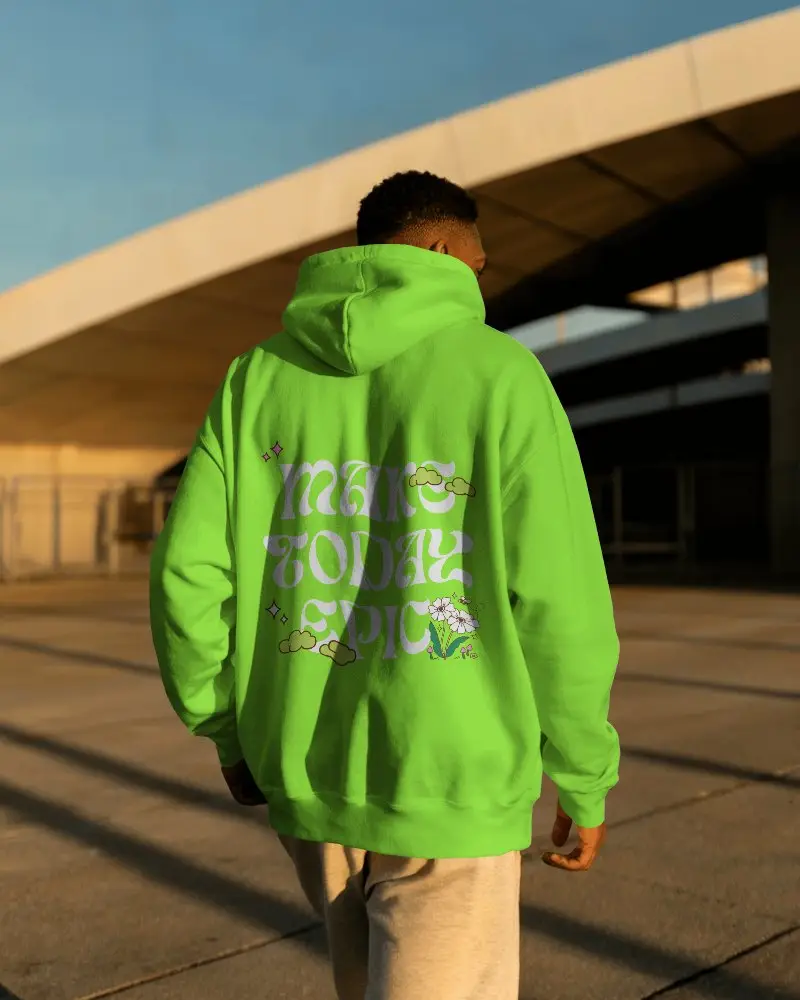 Sunlit Urban Hoodie Mockup Male Model Walking Away On Modern Architectural Structure Scenery 0787