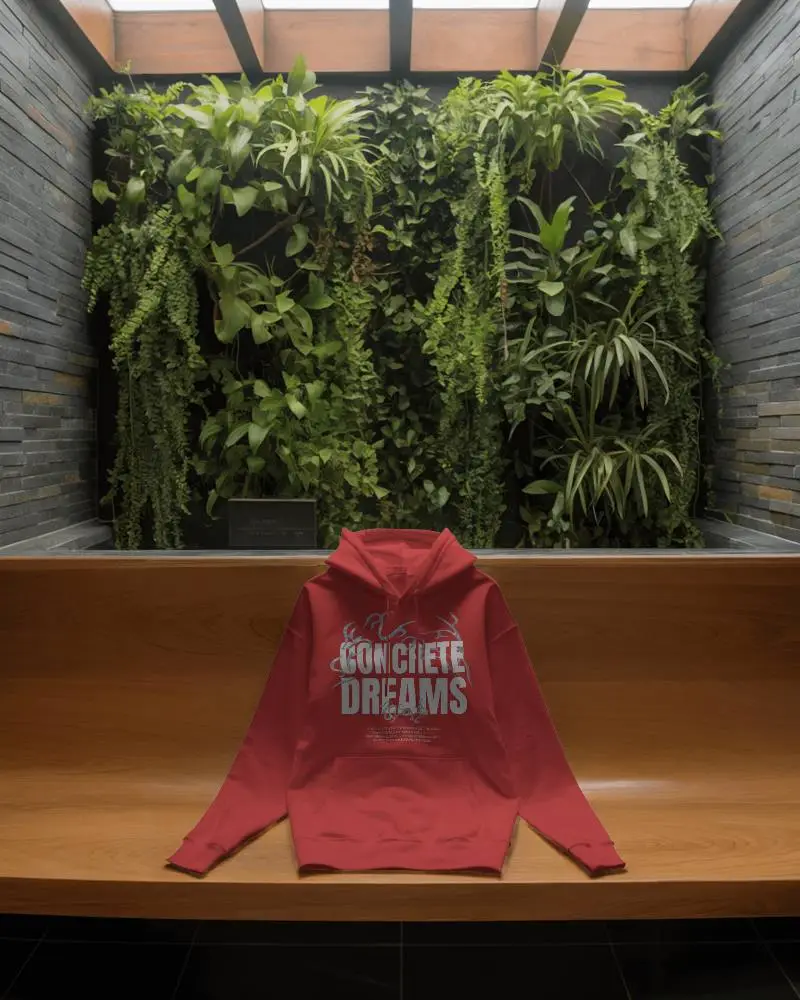 Natural Light Hoodie Mockup On Bench Below Vertical Garden Wall In Modern Indoor Setting 0796