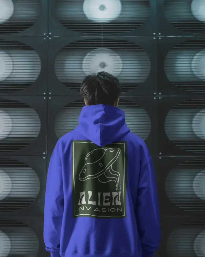 Tech Inspired Hoodie Mockup Male Model Back View Industrial Vent Grid In Dark Urban Setting