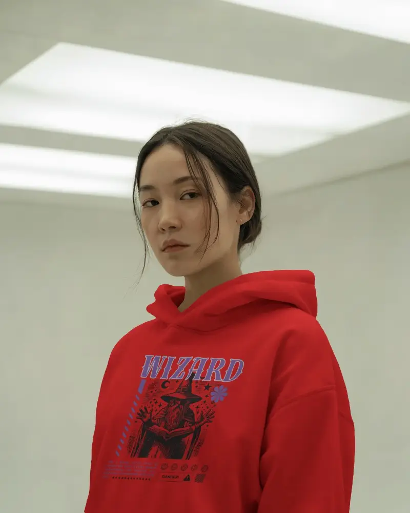 Minimalist Studio Hoodie Mockup Female Model In Hoodie Under Soft Panel Lighting