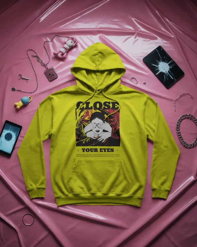 Flatlay Hoodie Mockup On Glossy Pink Sheet Background With Edgy Accessories And Broken Smartphones