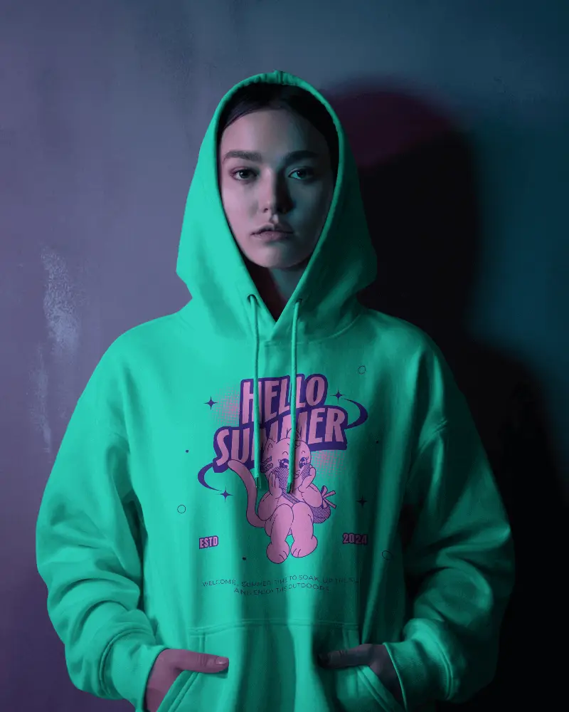 Urban Streetwear Hoodie Flat Front View With Hood Up And Hands In Pockets For Fashion