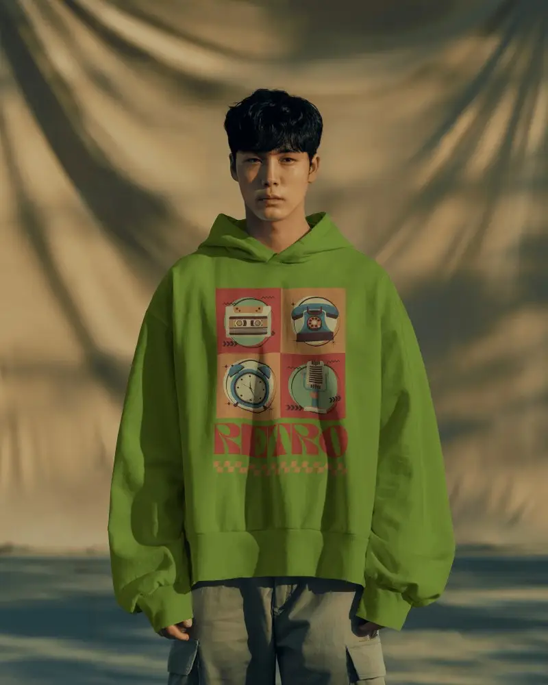 Cinematic Hoodie Mockup Asian Korean Model In Oversized Fit With Soft Draped Studio Backdrop