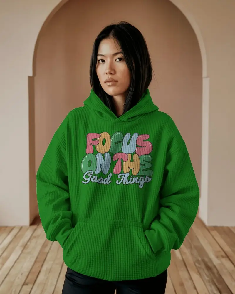 Minimal Arched Room Hoodie Mockup Texture Fabric Woman Posing With Hands In Pocket