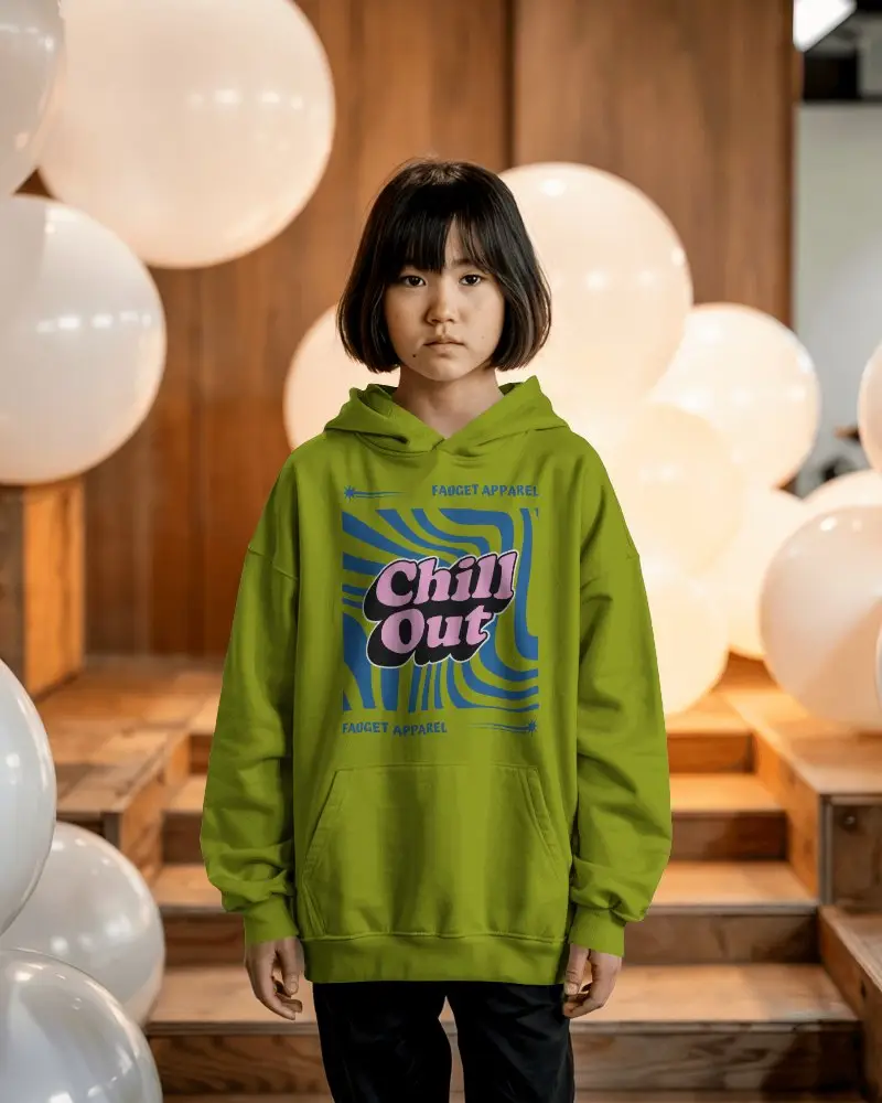 Indoor Balloon Decor Hoodie Mockup Kid Girl Model Standing In Soft Lit Wooden Stair Space