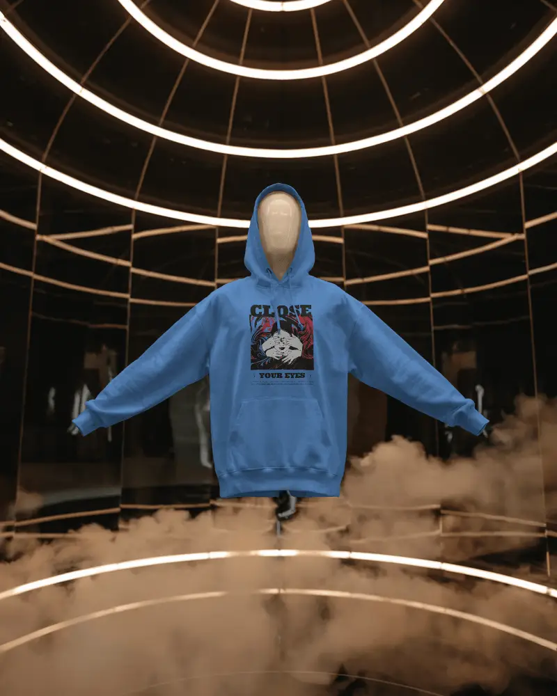 Stylish Casual Hoodie Mockup Floating In Futuristic Glowing Light Circular Environment