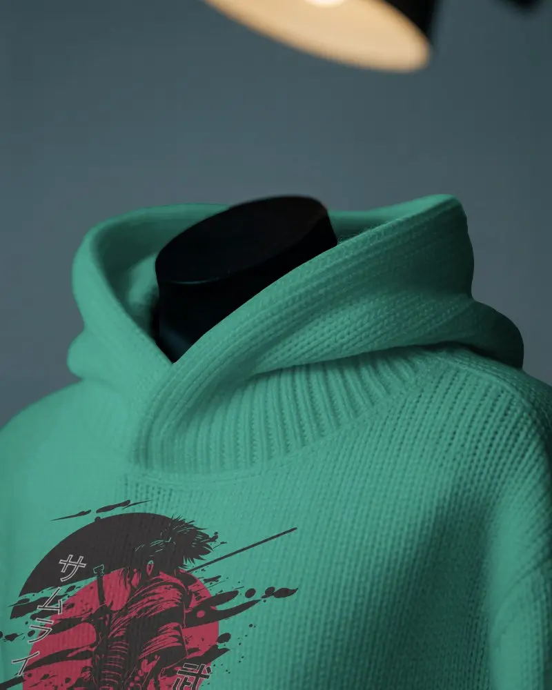 Spotlighted Knit Hoodie Mockup Luxury Texture Closeup On Mannequin Against Dark Blue