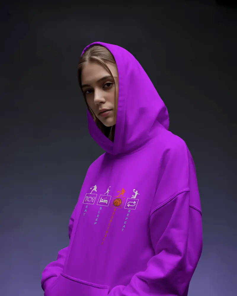 Moody Studio Hoodie Mockup Female Model In Oversized Fit With Hood Up Against Gradient Background