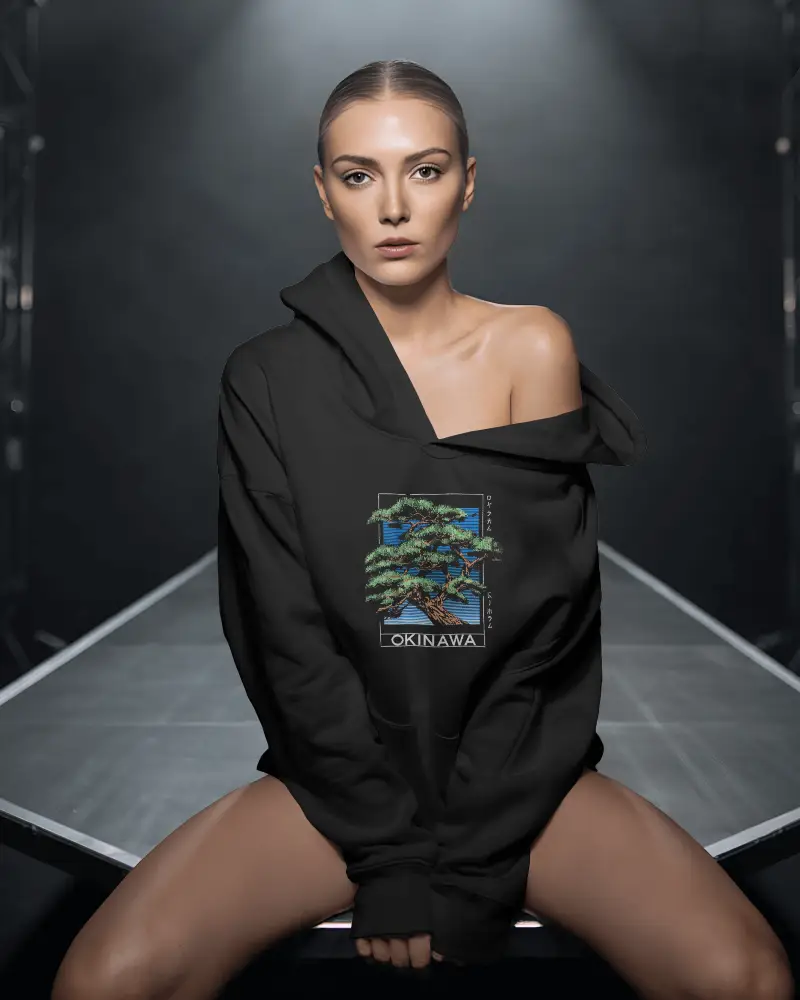 Dramatic Runway Hoodie Mockup Female Model Off Shoulder Pose On Metallic Stage Under Spotlight