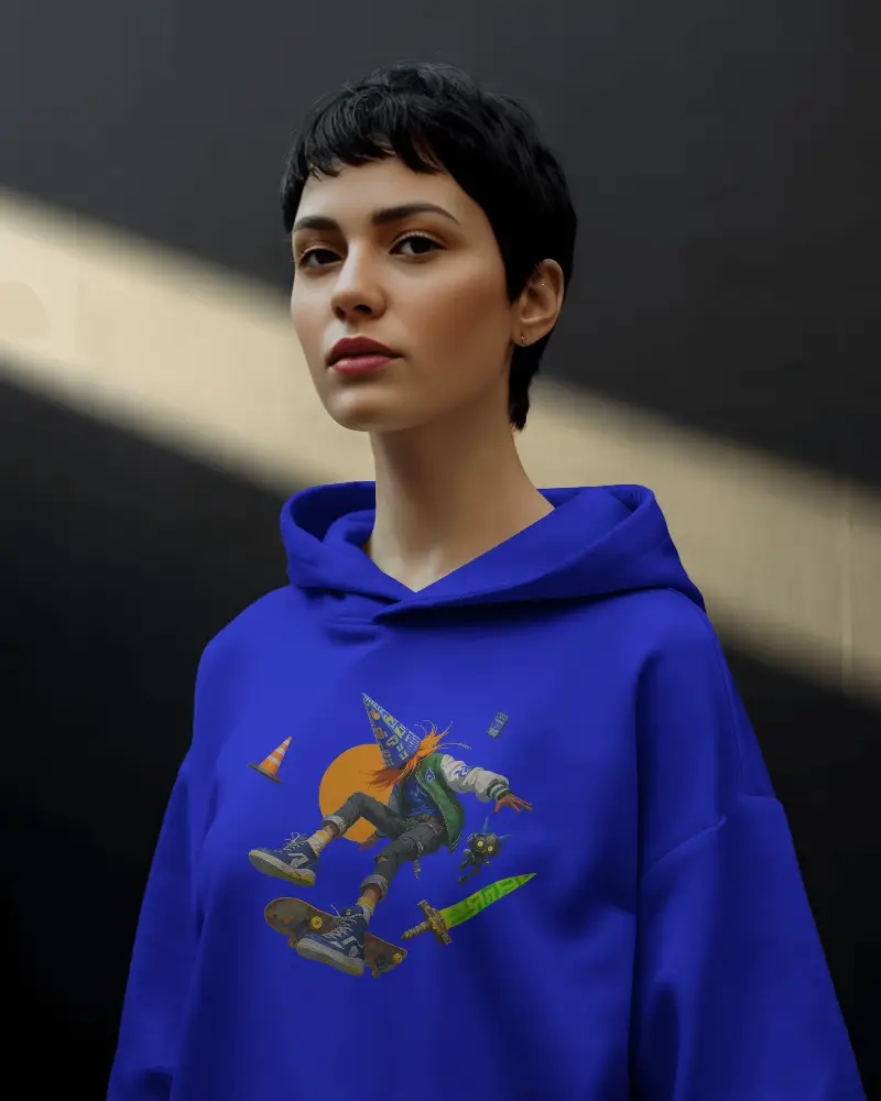 Minimal Street Hoodie Mockup Short Haired Female Model In Soft Sunbeam Light Against Dark Wall