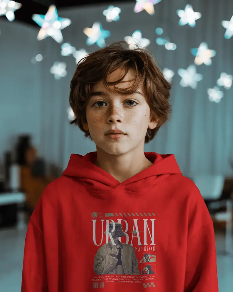 Dreamy Indoor Hoodie Mockup Young Boy With Freckles Under Glowing Star Decor Backdrop Soft Focus
