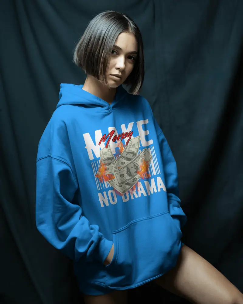 Hoodie Mockup Female Model With Bob Cut Standing Against Dark Fabric Backdrop Hands In Pocket