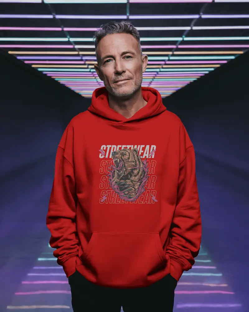 Neon Tunnel Hoodie Mockup Mid Age Male Under Multicolor Led Lights Casual Pose