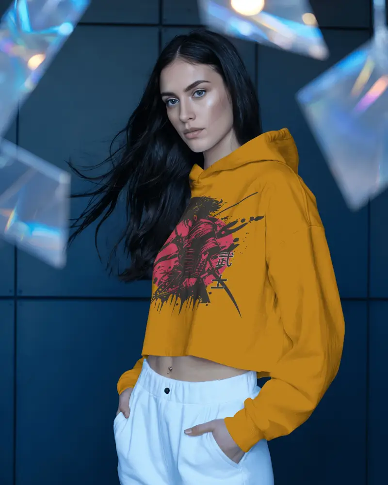 Crystal Light Cropped Hoodie Mockup Female With Flowing Hair And Prism Shapes
