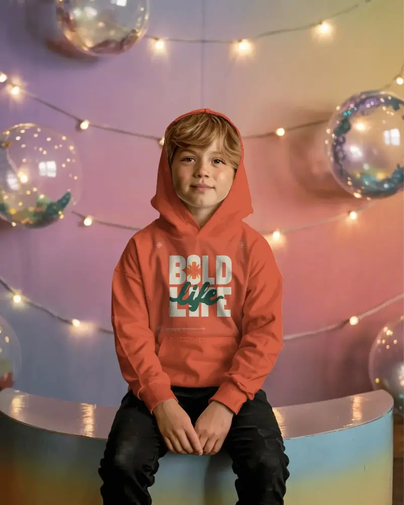 Cozy Kids Hoodie Mockup With Hood Up Sitting On Stool In Festive Studio Background