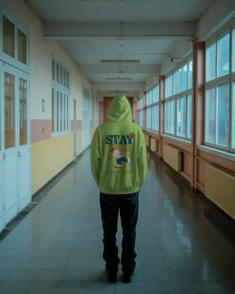 Hoodie Mockup In Institutional Hallway Alone Person Facing Forward In Symmetrical Daylight Setting 0771