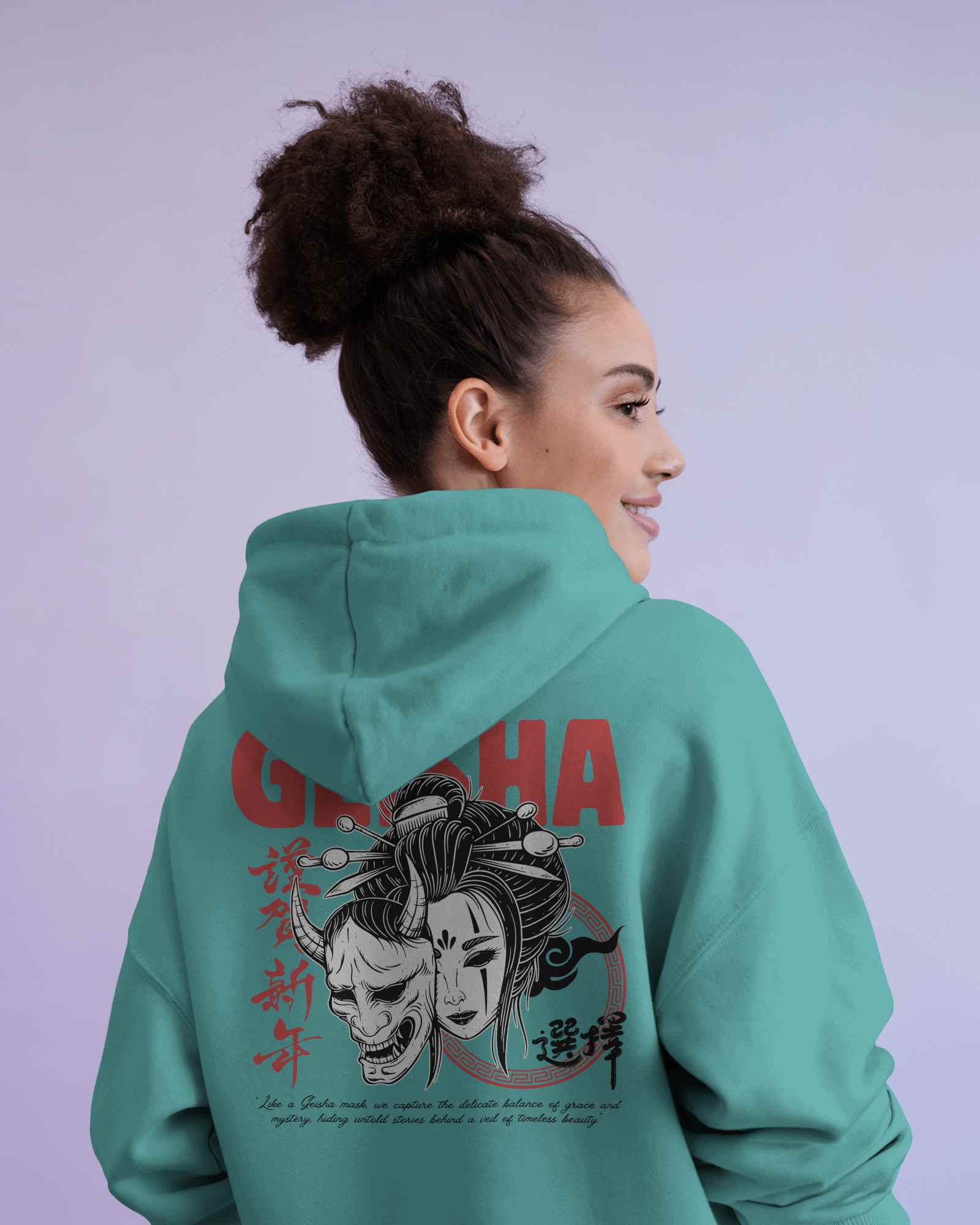 Soft Pastel Hoodie Mockup Smiling Female Model In Relaxed Pose Light Purple Background Cozy And Modern Casual Style