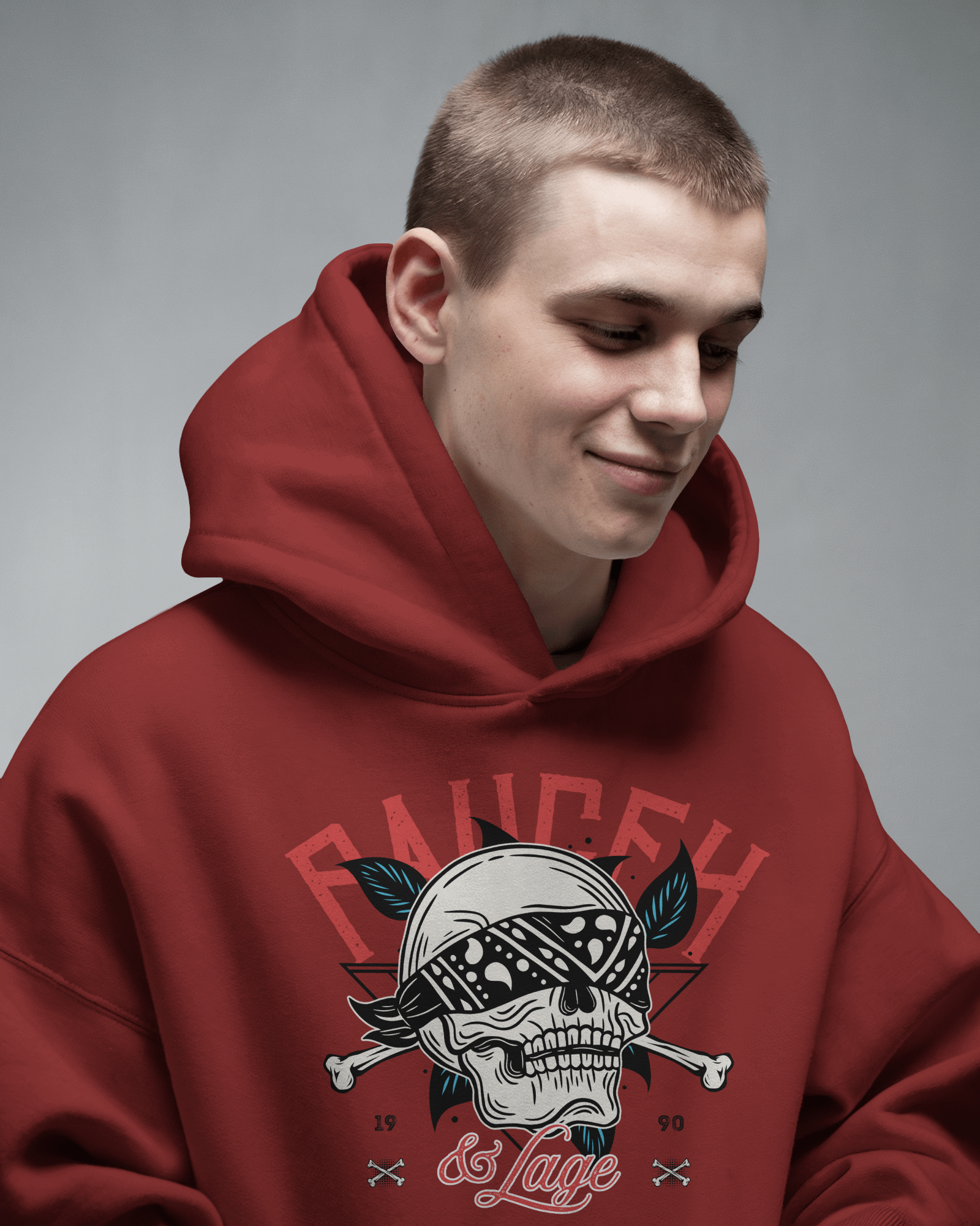 Minimalist Hoodie Mockup Smiling Male Model In Soft Lighting Neutral Gray Background Cozy And Modern Casual Look