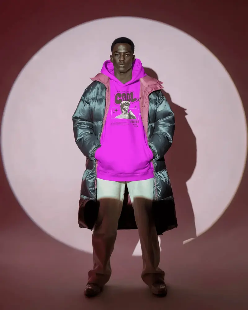 Full Body Portrait Hoodie Mockup Layered With Long Puffer Jacket Modern Fashion Look