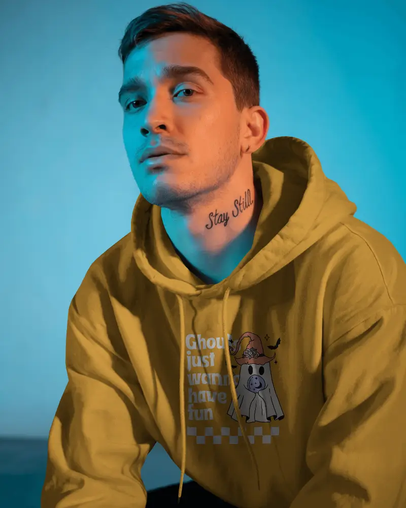 Expressive Urban Hoodie Mockup Stylized Photo With Male Model Under Blue Toned Light Effect