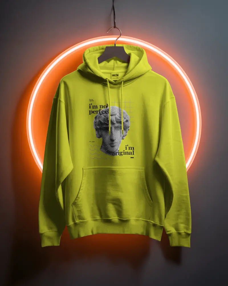 Neon Ring Hoodie Mockup Straight On Hanging View Against Moody Grey Wall Studio Lighting 0769