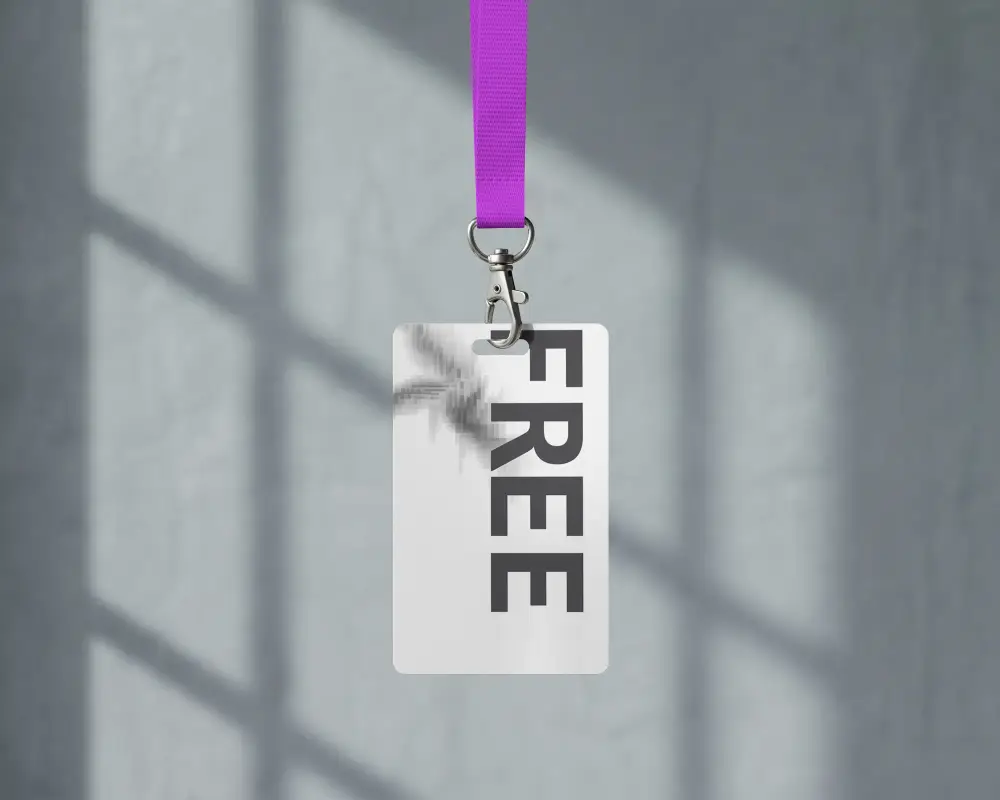 Blank Id Card Mockup Hanging With Clip And Lanyard Closeup For Design Presentation