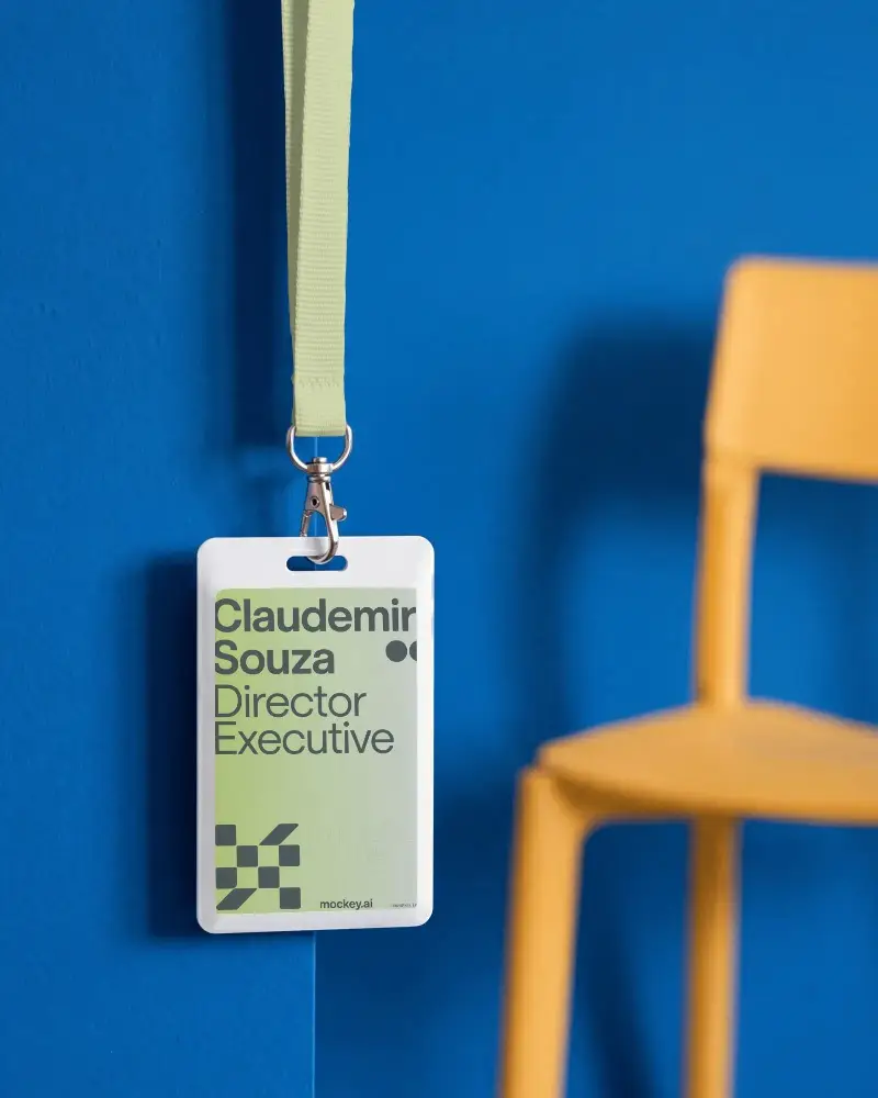 Blank Id Card With Lanyard Hanging On Edge Against Solid Background For Mockup Use