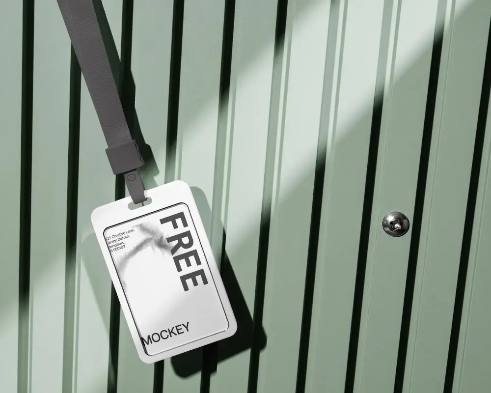 Realistic Id Card Mockup With Lanyard Hanging On Textured Background For Design Showcase