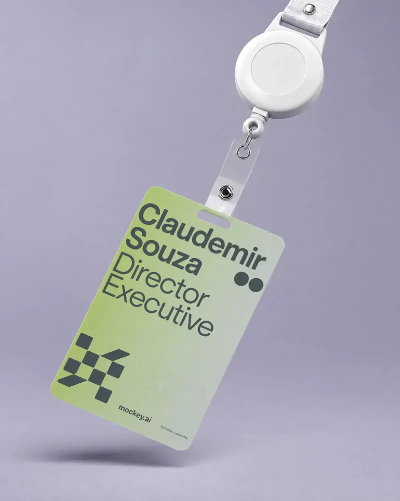 Blank Id Card Mockup With Retractable Badge Holder On Solid Simple Background