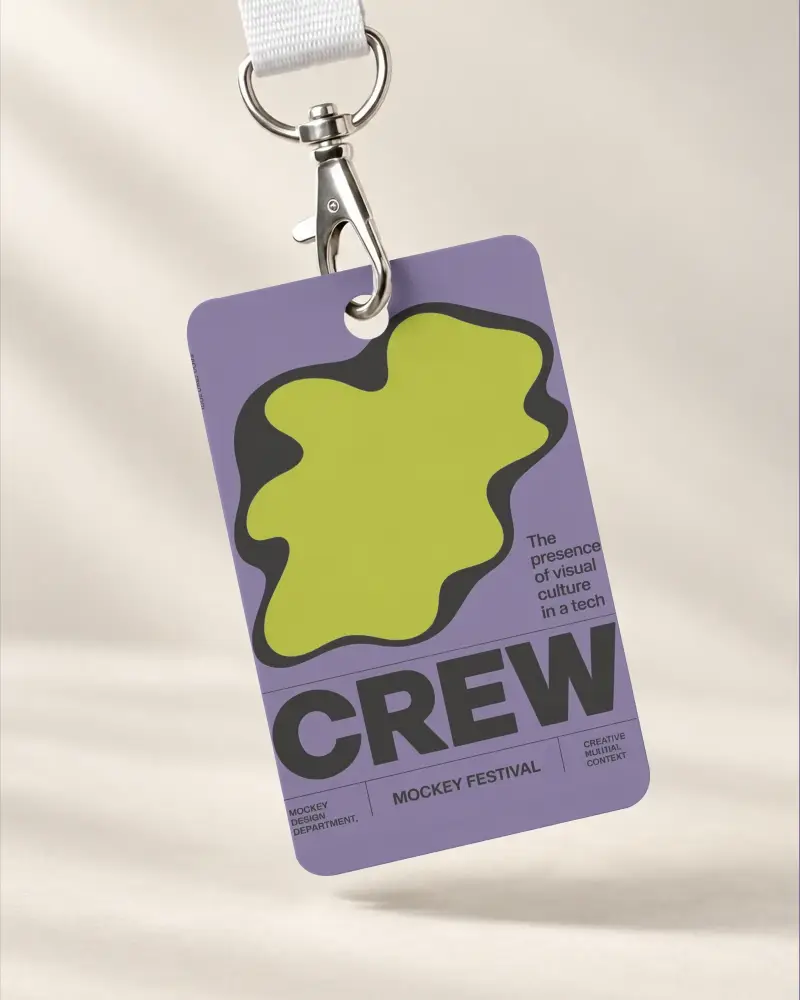 Blank Vertical Id Card Mockup With Metal Clip And Lanyard On Light Background