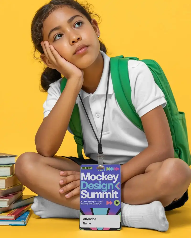 Child In Uniform Showing Empty Id Card Mockup  For Personalized Badge Use