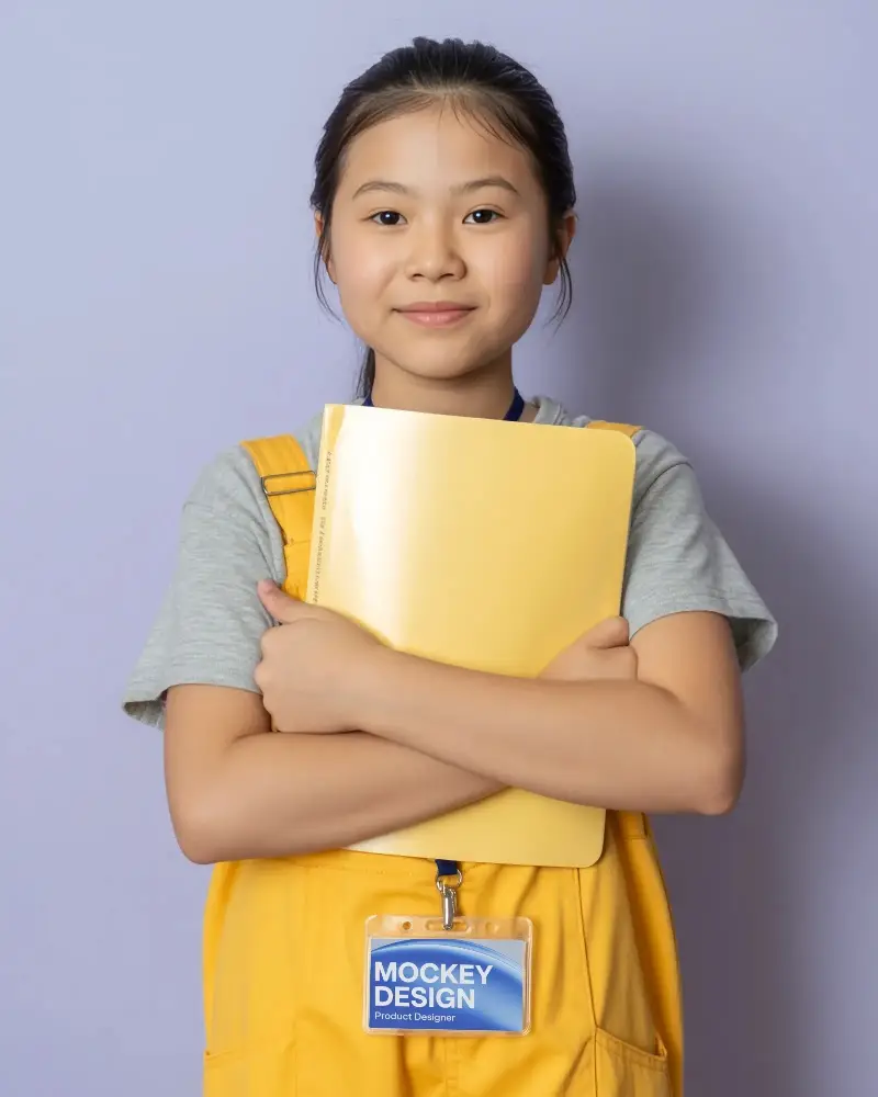 Young Student Wearing Id Badge With Clear Plastic Holder And Blank Name Tag Design