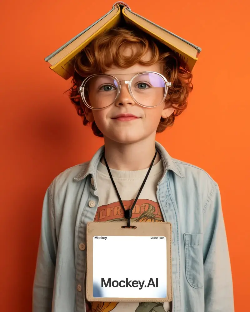 Boy With Id Card Mockup On Lanyard White Space For Design And Branding Projects