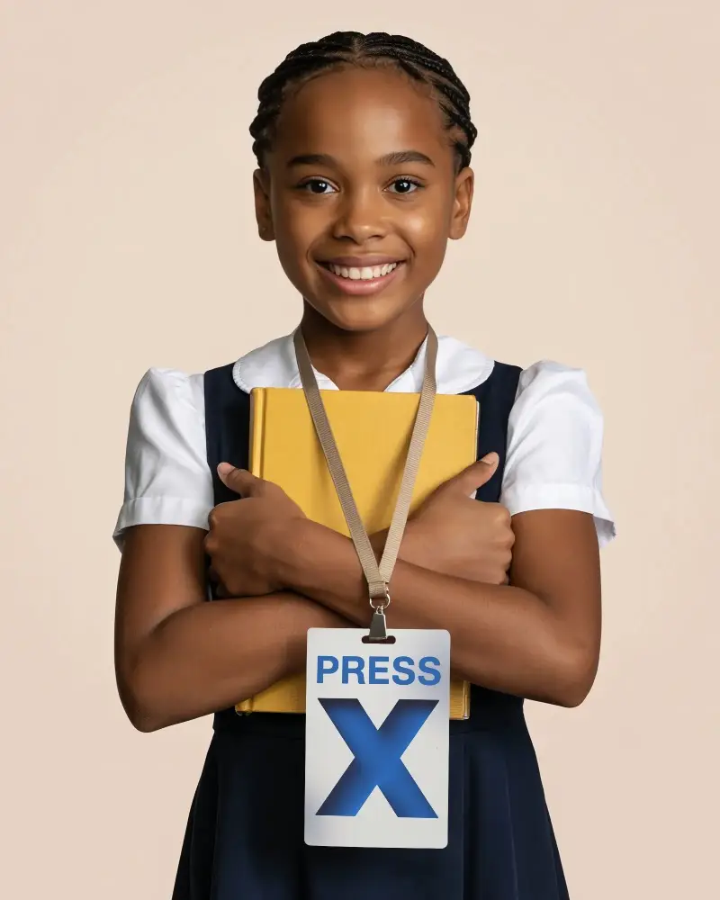 Young School Girl Holding Yellow Book With Blank Vertical Id Card On Lanyard Mockup