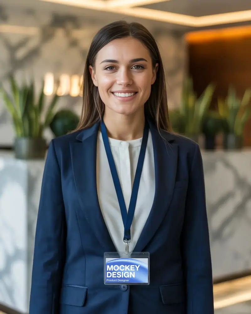 Professional Businesswoman With Blank Id Card Mockup Around Neck Corporate Access Pass