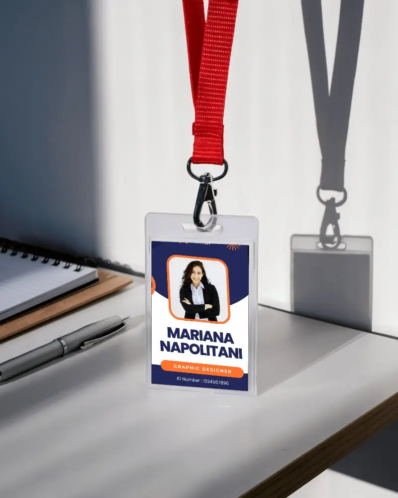Professional Id Card Template With Bright Sunlight Hanging Lanyard And Organized Workspace