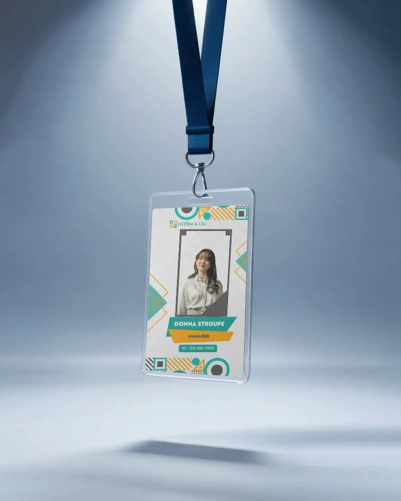 Professional Id Card Design Template Hanging With Blue Lanyard And Stylish Gradient Light Background