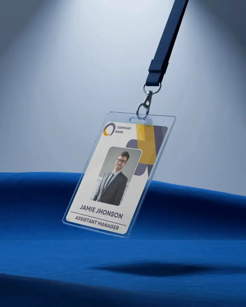 Stylish Id Card Holder Mockup With Clear Case And Blue Lanyard Perfect For Office Branding Presentations