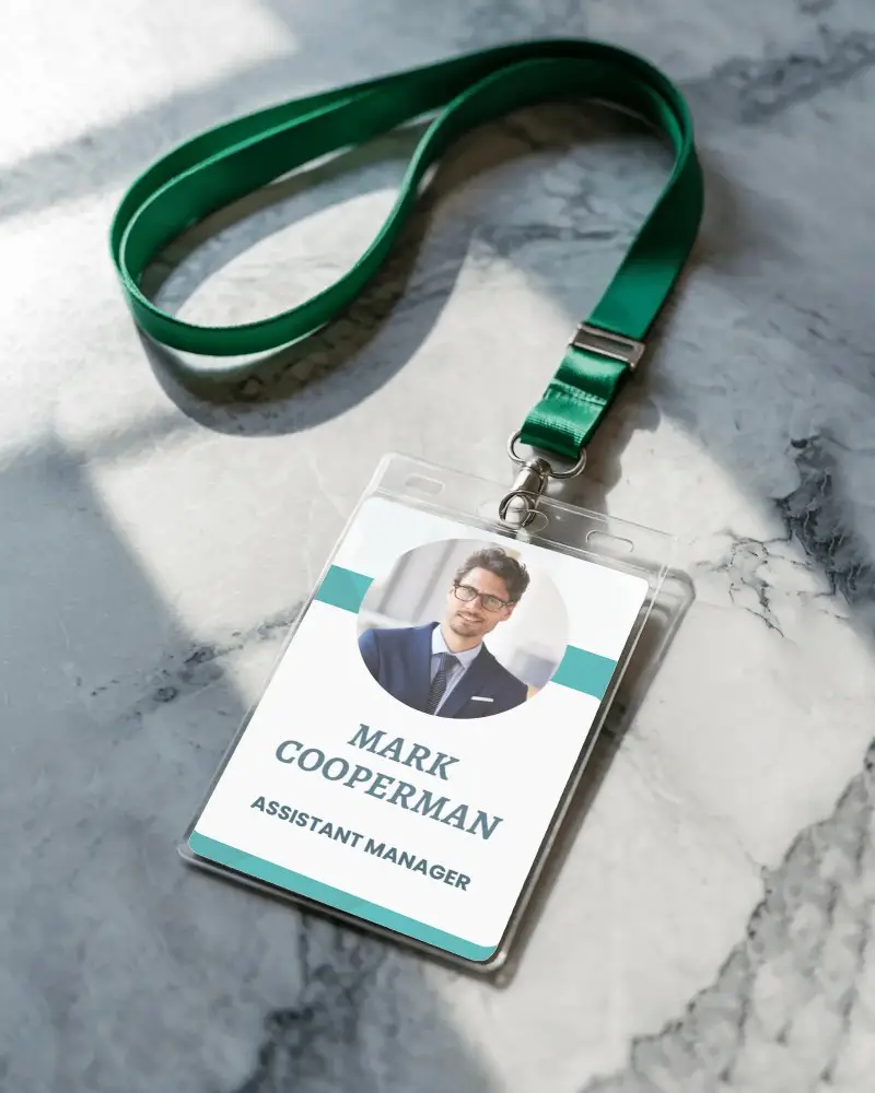 Mockup Of Modern Id Tag With Clear Case And Green Lanyard On White Grey Marble Background In Bright Office Light Setting