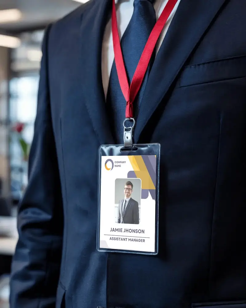 Professional Id Card Mockup Showcasing Clean Design Template On Sleek Red Lanyard Against Elegant Navy Blue Suit In Modern Corporate Office Environment