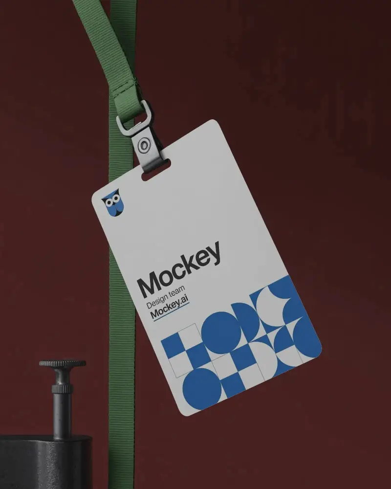 Vertical Id Card Mockup With Green Lanyard On Dark Red Background Modern Brand Display