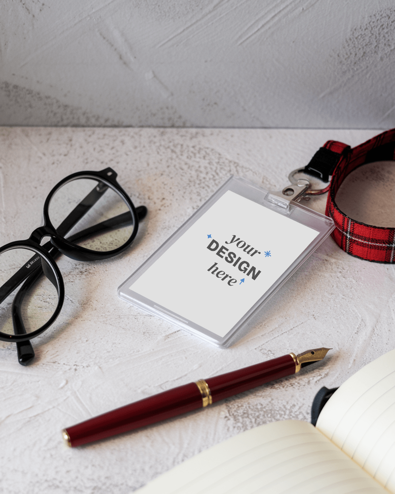 Id Card Mockup Clear Holder With Customizable Insert On Textured Desk With Glasses Pen And Notebook Professional And Minimalist Design 019