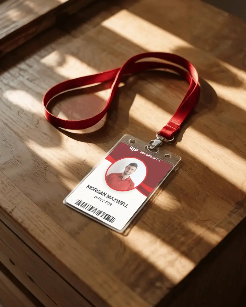 Corporate Id Card Mockup In Horizontal Orientation With Clear Case And Vibrant Red Neck Strap Positioned Under Warm Natural Sunshine