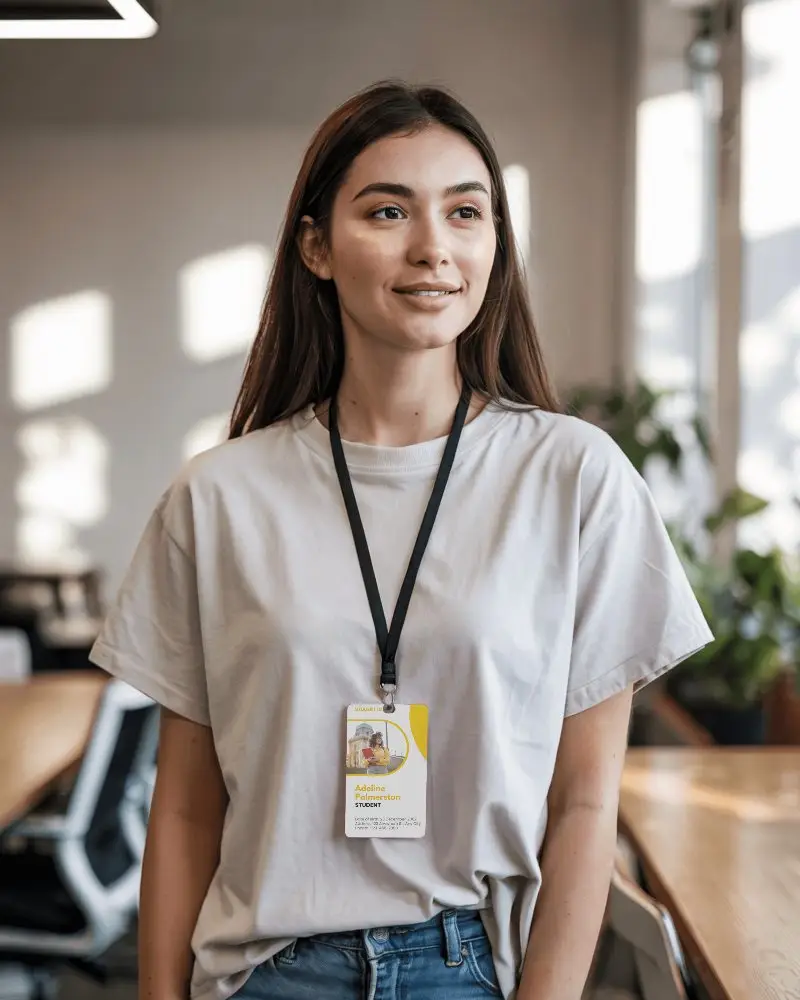 Wearable Id Card Design Mockup In Natural Light Office Setting With Confident Person Model And Black Neck Strap