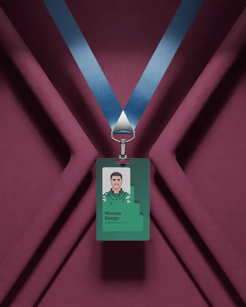 Vertical Id Badge Mockup Hanging From Neck Lanyard On Modern Geometric Wall Background