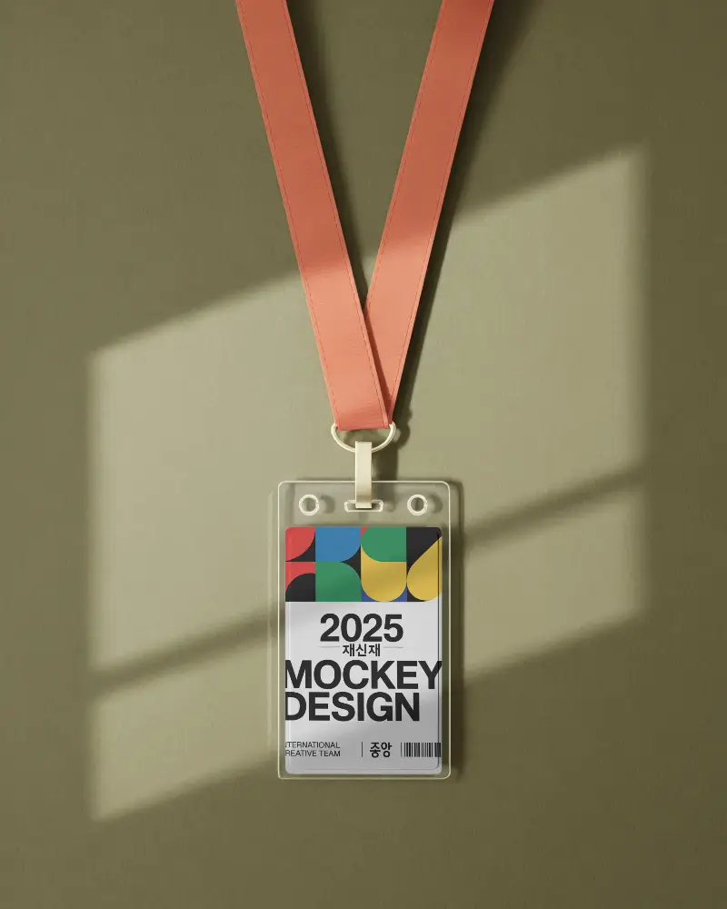 Empty Workplace Id Card Mockup With Texture Lanyard Hanging On Neutral Wall